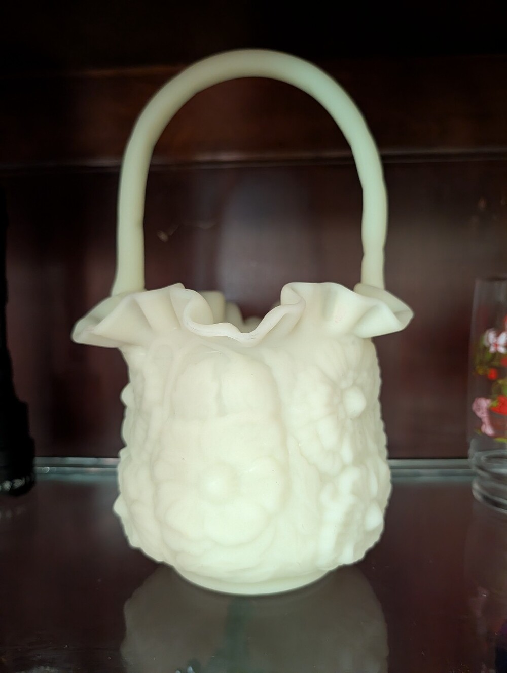 Cream Floral Ruffled Handle Basket Uranium Glass